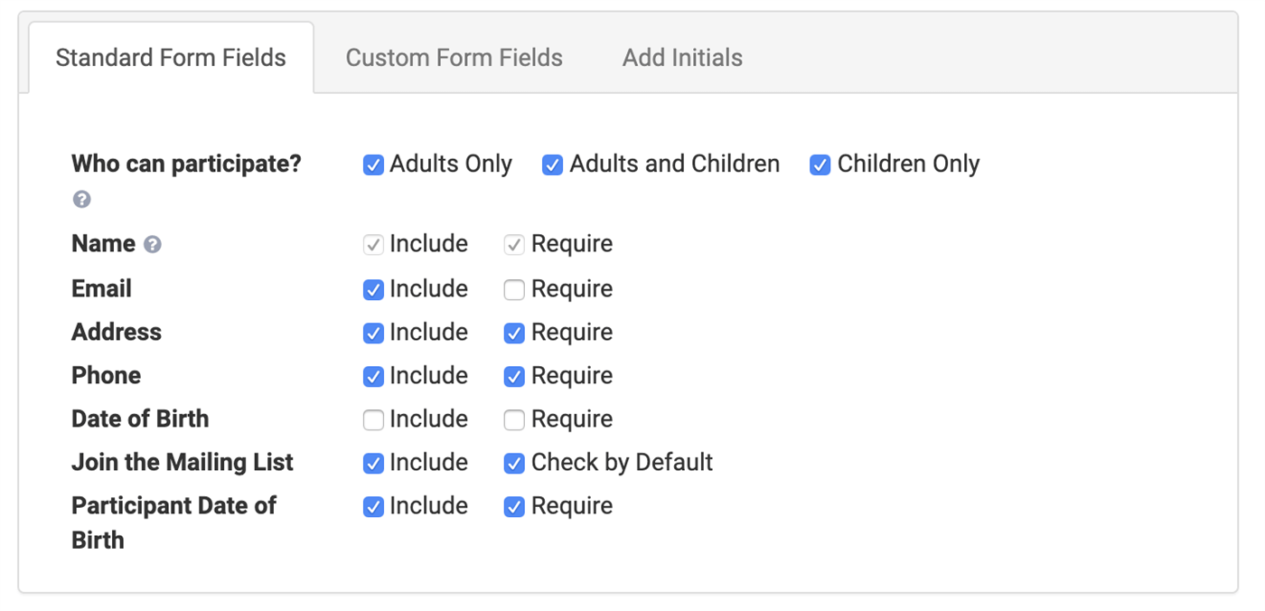 Setup standard waiver form questions